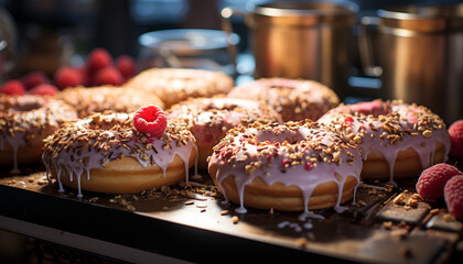 Freshly baked homemade donut with chocolate icing and strawberry filling generated by AI - obrazy, fototapety, plakaty