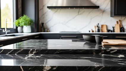 empty black marble table with blurred modern kitchen background