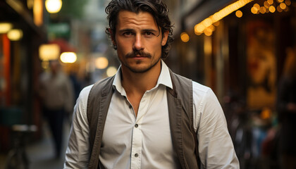 Fototapeta premium Confident man in casual fashion, walking in illuminated city generated by AI