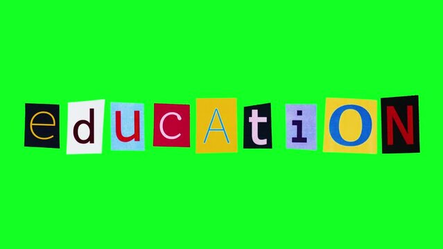 Vibrant animation with word education made of single letters printed on rectangle pieces of paper crumpling against green screen background. Loop template with title emphasizing pursuit of knowledge