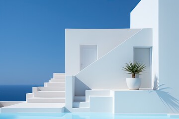 Modern white greek architecture with blue background. - obrazy, fototapety, plakaty