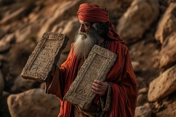 Moses holding the stone tablets with the 10 commandments, Bible story.