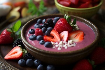 Healthy mixed-fruit smoothie bowl, acai breakfast. Generative AI
