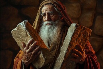 Moses holding the stone tablets with the 10 commandments, Bible story.