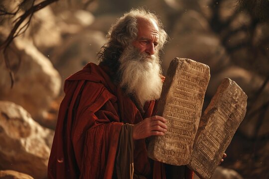 Moses holding the stone tablets with the 10 commandments, Bible story.