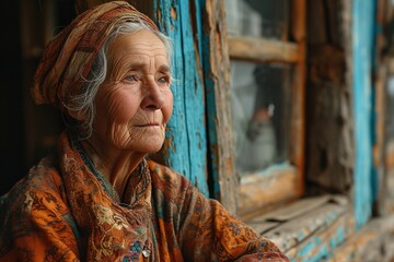 Old russian woman in village. - obrazy, fototapety, plakaty