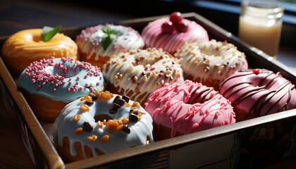 Gourmet donut, chocolate icing, fresh strawberry, tempting indulgence generated by AI