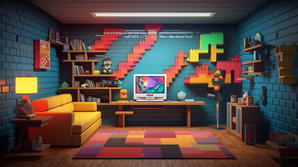 gaming room with pixel art - obrazy, fototapety, plakaty