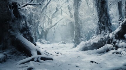 A tranquil snow-covered forest with trees adorned in a pristine white cloak.