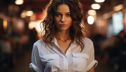 Obraz premium A confident young woman, beautiful and fashionable, looking at camera generated by AI