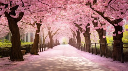 A tranquil, sun-dappled pathway winding through a blossoming cherry blossom grove.