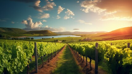 A tranquil, sun-kissed vineyard with rows of grapevines stretching into the distance.