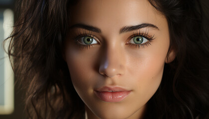 Beautiful woman with brown hair and brown eyes, looking at camera generated by AI