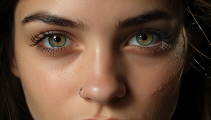 Fototapeta premium Young adult woman with brown hair looking at camera, smiling generated by AI