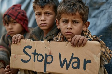 Children with cardboard sign with message "Stop war".