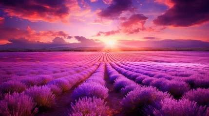 Zelfklevend Fotobehang A vibrant, sun-drenched field of lavender stretching to the horizon, a sea of purple. © Hassan