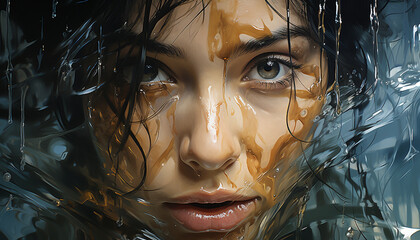 Young woman with wet hair looking at camera, reflecting creativity generated by AI