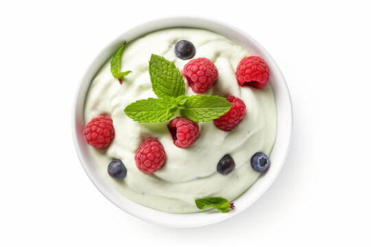 Delicious Indulgence: Bowl of Greek Yogurt and Fresh Berries Isolated - Sumptuous Food Photography - Created with Generative AI Tools