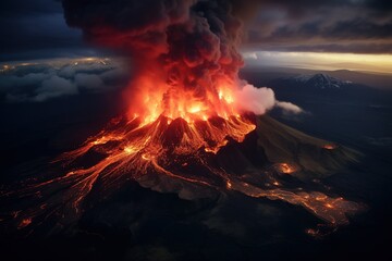 Aerial view of a volcano erupting.