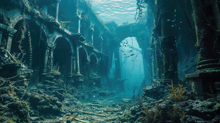 Ruins of ancient city sunk at bottom of sea. Atlantis like sunken city, sunlight filters through water, illuminating underwater world with submerged structures.  - obrazy, fototapety, plakaty