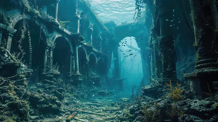 Foto op Canvas Ruins of ancient city sunk at bottom of sea. Atlantis like sunken city, sunlight filters through water, illuminating underwater world with submerged structures.  © unicusx