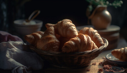 Freshly baked croissant on wooden table, a French gourmet delight generated by AI