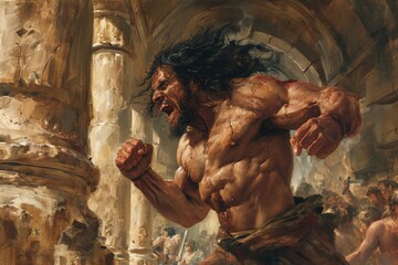 Strongest man Samson breaking the temple columns, Bible story.