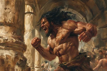 Foto op Canvas Strongest man Samson breaking the temple columns, Bible story. © Bargais