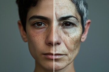 A man face divided into two halves - young and old.  - obrazy, fototapety, plakaty