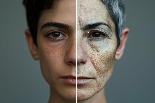 A man face divided into two halves - young and old. 