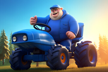Cute bear driver on blue tractor