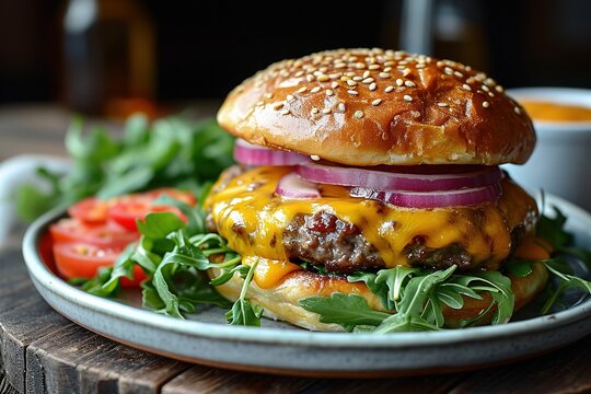 A delicious and large cheeseburger.