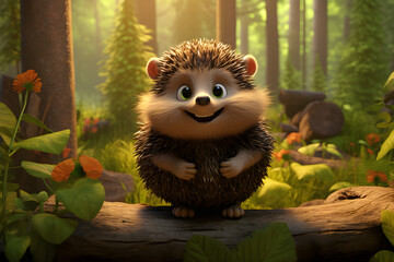 Cartoon hedgehog in the wood - obrazy, fototapety, plakaty