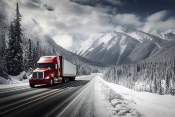 Truck on the highway, background with mountains at winter.