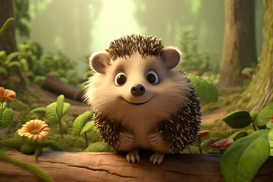 Cartoon hedgehog in the wood