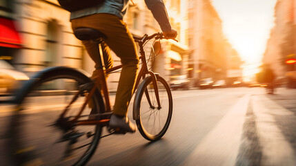 Close up rearview blur motion photography of a man riding his bicycle or bike on the city street at daytime in the sunny summer day. Defocused shot of a bicycle commuter traveling outdoors in a rush - Powered by Adobe