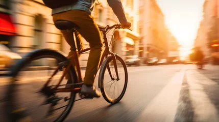 Foto op Aluminium Close up rearview blur motion photography of a man riding his bicycle or bike on the city street at daytime in the sunny summer day. Defocused shot of a bicycle commuter traveling outdoors in a rush © Nemanja