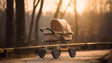 Child stroller or perambulator standing on a wooden bridge, near the autumn forest with orange and yellow leaves. Beige baby carriage or pushchair with wheels
