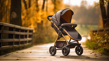Child stroller or perambulator standing on a wooden bridge, near the autumn forest with orange and yellow leaves. Gray baby carriage or pushchair with wheels