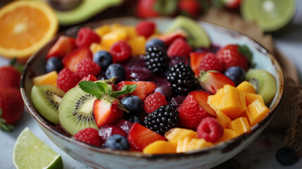 fruit salad in glass bowl