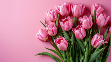 Obraz premium Bouquet of pink tulips on pink background. Mother's day, Valentine's Day, Birthday celebration concept. Greeting card. Copy space for text, top view