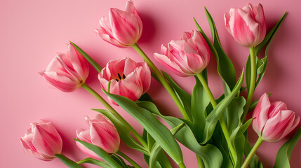 Obraz premium Bouquet of pink tulips on pink background. Mother's day, Valentine's Day, Birthday celebration concept. Greeting card. Copy space for text, top view