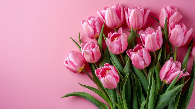 Bouquet of pink tulips on pink background. Mother's day, Valentine's Day, Birthday celebration concept. Greeting card. Copy space for text, top view