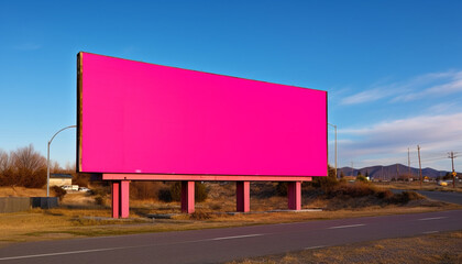 Clear sky, empty roadside, blue billboard, no people, transportation advertisement generated by AI