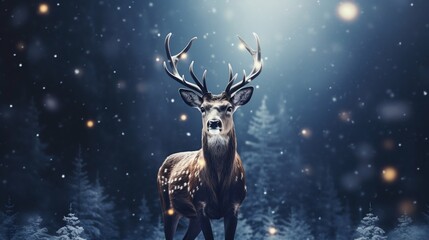 Enchanted Winter Deer in Snowy Forest. Generative ai - obrazy, fototapety, plakaty