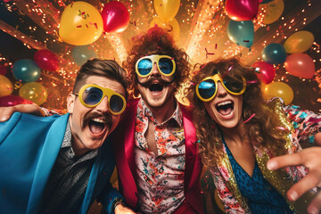 A group of young people take a picture at a party wearing fake mustaches, lips, big funny glasses. A colorful party with confetti and lots of balloons. Funny costumes. - obrazy, fototapety, plakaty