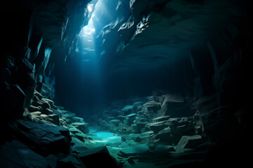underwater cave with sunlight shining through the water - obrazy, fototapety, plakaty