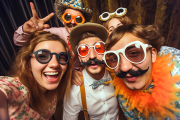 A group of young people take a picture at a party wearing fake mustaches, lips, big funny glasses. A colorful party with confetti and lots of balloons. Funny costumes.