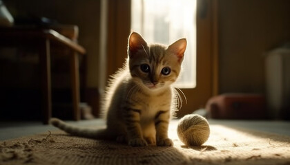 Cute kitten playing with a toy, looking fluffy and playful generated by AI