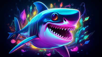 A cute neon-colored cartoon shark with a mischievous grin exploring the ocean depths in high...